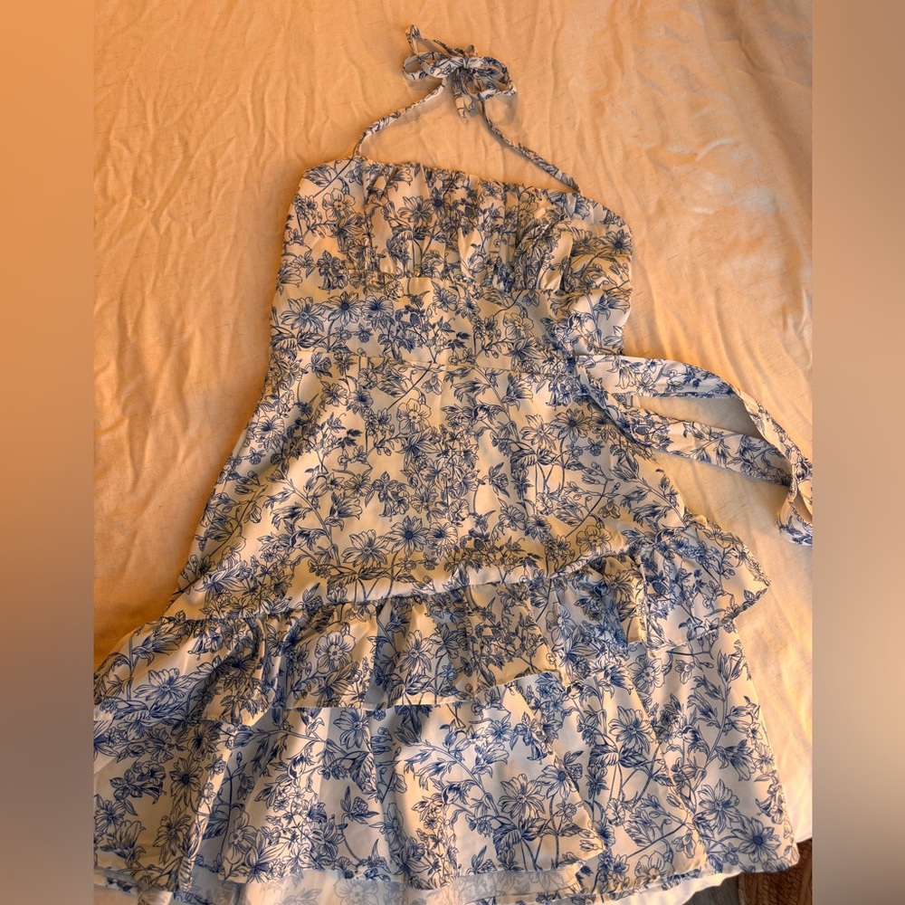 Blue Floral Halter Summer Dress with Ruffle Detail Size Medium